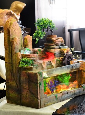 假山流水喷泉鱼缸高山造景摆件客厅玄关招财水车养鱼池桌面装饰品