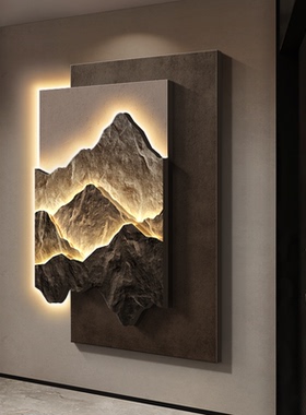 背有靠山玄关装饰画入户正对门立体砂岩挂画轻奢高级感客厅壁画灯