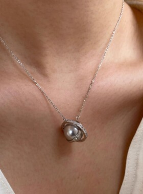 西大班地球仪珍珠吊坠项链女纯银