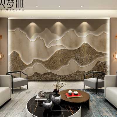新中式抽象轻奢山脉浮雕山水墙布电视背景墙壁纸客厅沙发墙纸壁画-图0