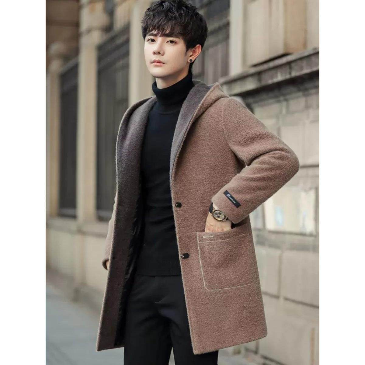 水貂绒毛呢大衣男中长款连帽修身冬季新款男士加厚休闲风衣外套潮,淘宝优惠券,粉丝福利购,淘宝优惠卷