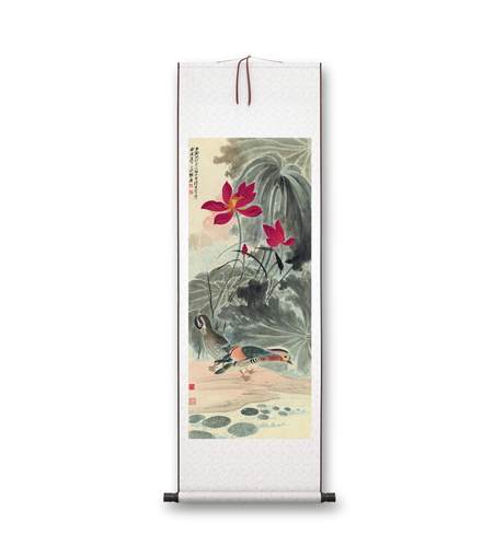 张大千《荷花鸳鸯》客厅书房茶室装饰画挂画玄关水墨高清卷轴字画_虎窝淘