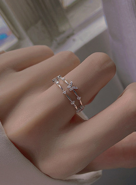 蝴蝶双层戒指女轻奢闪钻指环冷淡风开口戒子简约小众设计新款