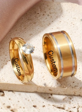 跨境时尚新款百搭钛钢镶钻情侣对戒间金戒指套装潮流奢华装饰