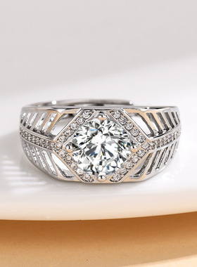 欧美设计鱼骨菱形碎钻环绕2克拉主钻男式婚戒情侣求婚订婚戒指男