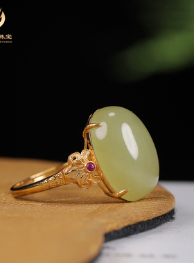 天然和田玉黄玉蛋面玉戒女士戒指