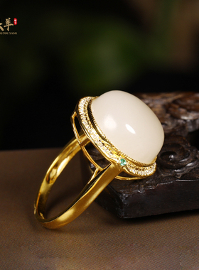 天然和田玉18k金玉藕粉蛋面戒指