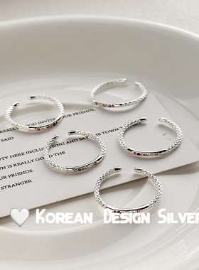 S925银彩虹闪锆石戒指女简约小巧迷你个性彩色锆石开口指环韩版