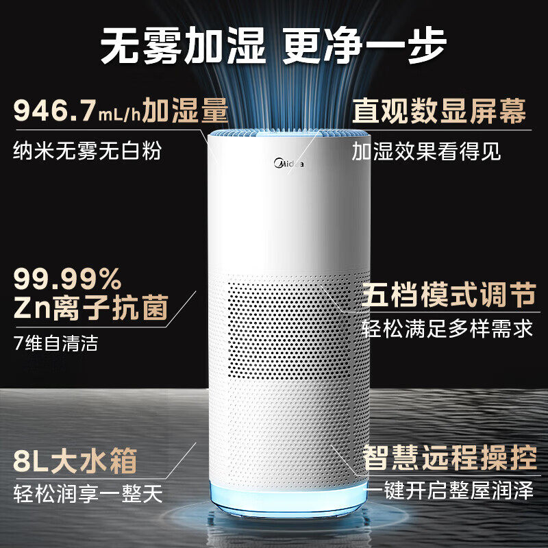 美的无雾加湿器家用音静卧室孕妇婴儿空气净化大雾量蒸发空调2024