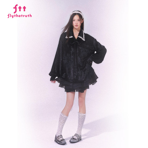 FTT FlyTheTruth『杜乐丽花园』 新中式丝绒衬衫女秋季小香风衬衣 - 图0