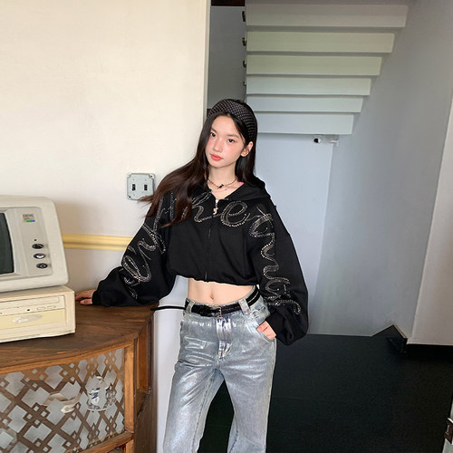 FTT FlyTheTruth『派对暗号』 美式烫钻连帽卫衣女2025新款短外套 - 图1