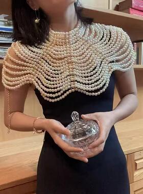 欧美多层珍珠身体链重工胸饰礼服配饰流苏披肩项链时尚夸张款