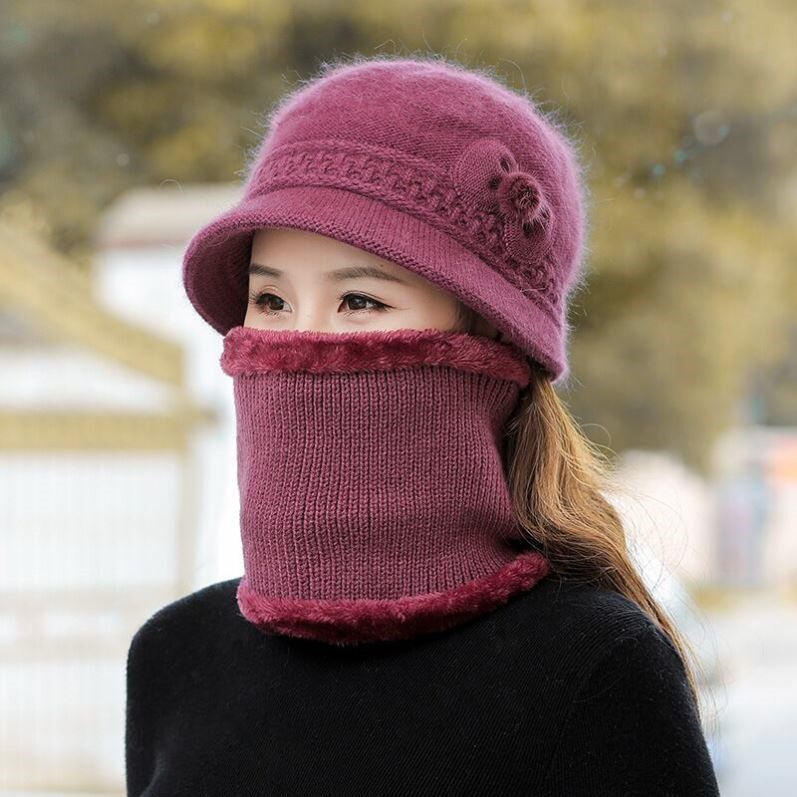 中老年人兔毛帽子女士妈妈冬季加绒加厚老太太奶奶针织保暖毛线帽