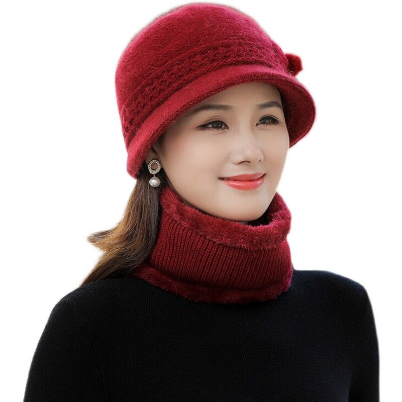 中老年人兔毛帽子女士妈妈冬季加绒加厚老太太奶奶针织保暖毛线帽