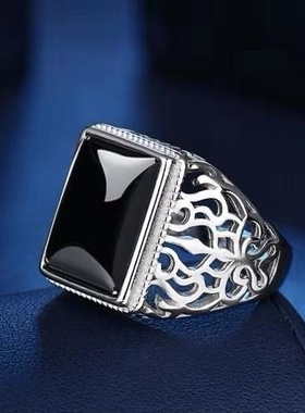 欧美时尚仿玛瑙菱腾金色戒指个性简约男士仿玛瑙玉髓宝石戒指环