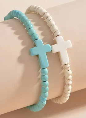 欧美跨境饰品 民族风十字架松石串珠手链女 复古两件套手链套装
