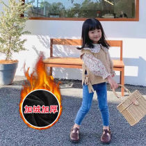 Girls integrated suede jeans 2023 autumn winter new childrens baby Korean version small leggings with elastic and velvety pants