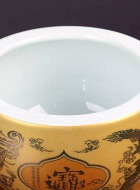 聚宝盆金黄红色水缸景德镇陶瓷器摆件中式家居客厅酒柜装饰工艺品
