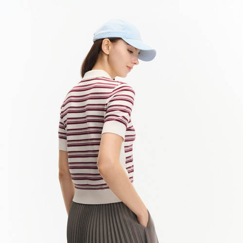 【包芯纱】比音勒芬高尔夫2025年秋新女士运动休闲条纹短袖针织衫 - 图2