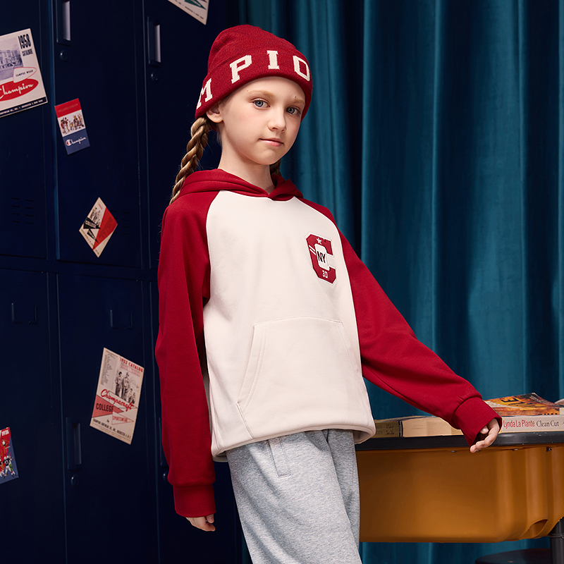 【加绒】Champion冠军男女童新年本命年学院红色插肩袖卫衣外套冬 - 图0