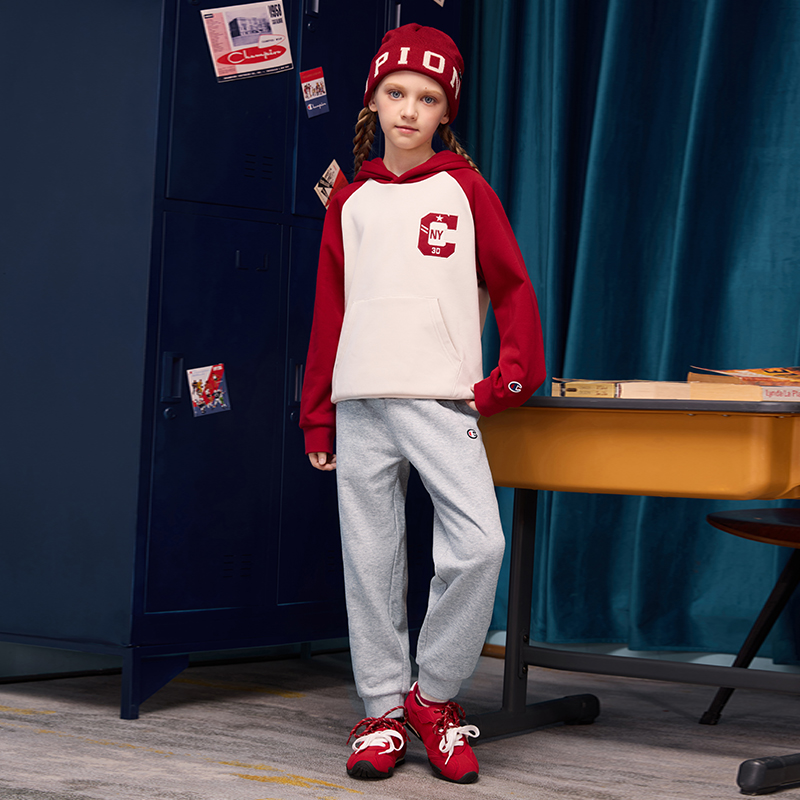 【加绒】Champion冠军男女童新年本命年学院红色插肩袖卫衣外套冬 - 图3