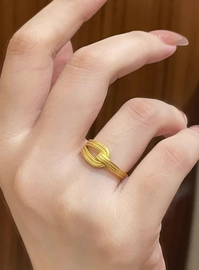 新款双环相扣复古黄色戒指时尚简