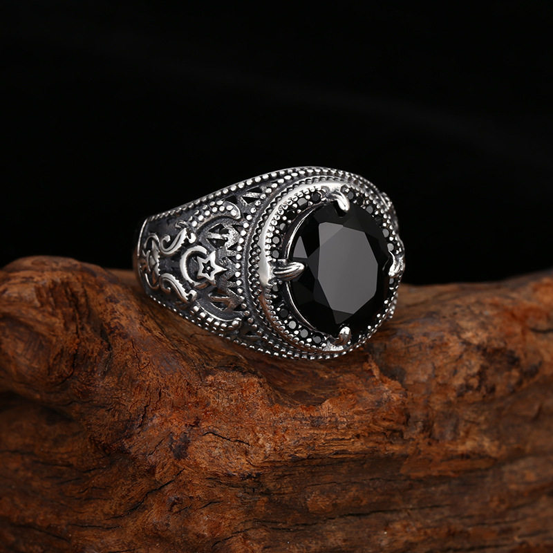 S925 silver men's retro black stone open ring