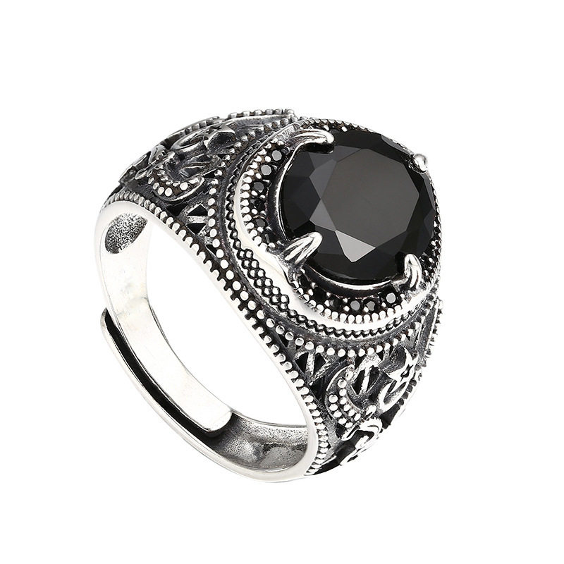 S925 silver men's retro black stone open ring