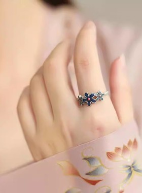 新款复古珐琅蓝色花朵戒指女轻奢