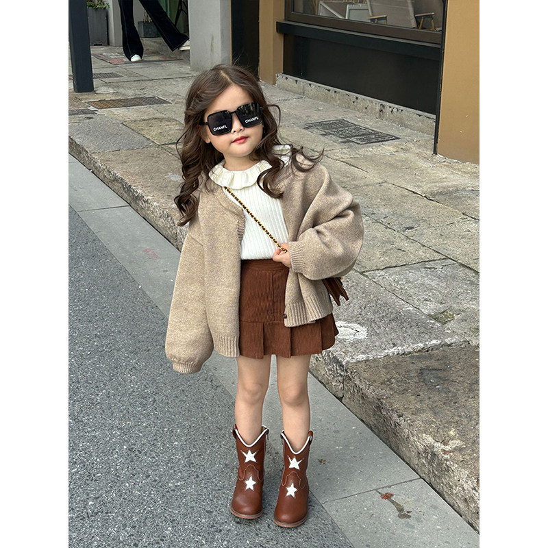 女童毛衣开衫外套2025秋冬新款咖啡色宽松荷叶边打底衫百褶裙套装,淘宝优惠券,粉丝福利购,淘宝优惠卷