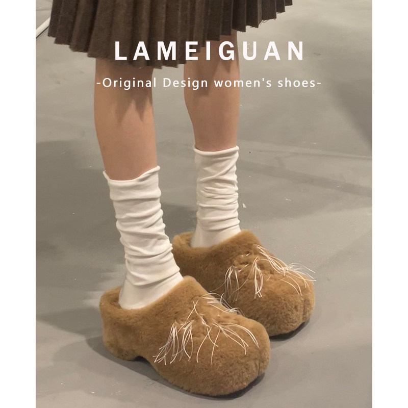 甜美溜须兔毛绒白色包头拖鞋女外穿2025新款松糕厚底加绒勃肯棉鞋,淘宝优惠券,粉丝福利购,淘宝优惠卷
