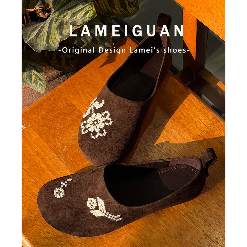 牛皮版！复古设计感刺绣乐福鞋豆豆鞋女2025新款真皮平底深口单鞋,淘宝优惠券,粉丝福利购,淘宝优惠卷