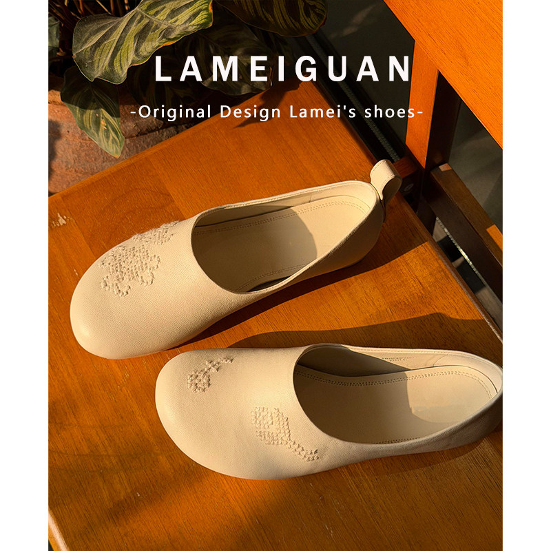 牛皮版！复古设计感刺绣乐福鞋豆豆鞋女2025新款真皮平底深口单鞋,淘宝优惠券,粉丝福利购,淘宝优惠卷