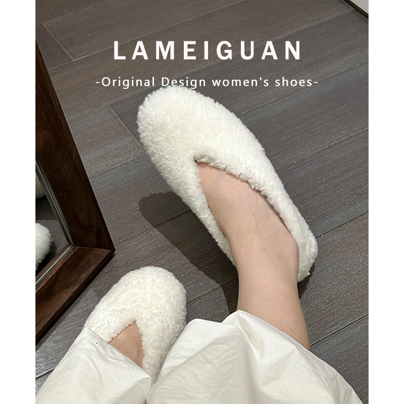 羊毛版！气质保暖平底芭蕾毛毛鞋女冬2025新款蓝色复古加绒棉单鞋,淘宝优惠券,粉丝福利购,淘宝优惠卷