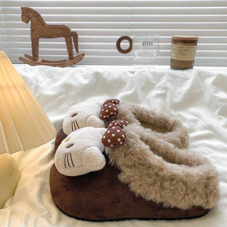 高颜值小猫蝴蝶结毛毛拖鞋女外穿2025冬季新款厚底增高勃肯棉拖鞋 - 图1