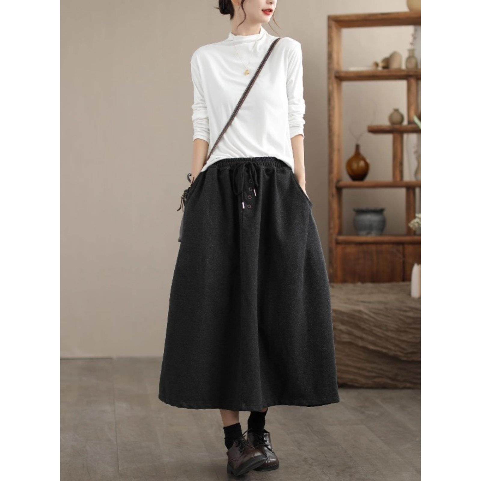 日系a字中长款半身裙女2025秋冬季新款高腰抽绳宽松显瘦伞裙,淘宝优惠券,粉丝福利购,淘宝优惠卷
