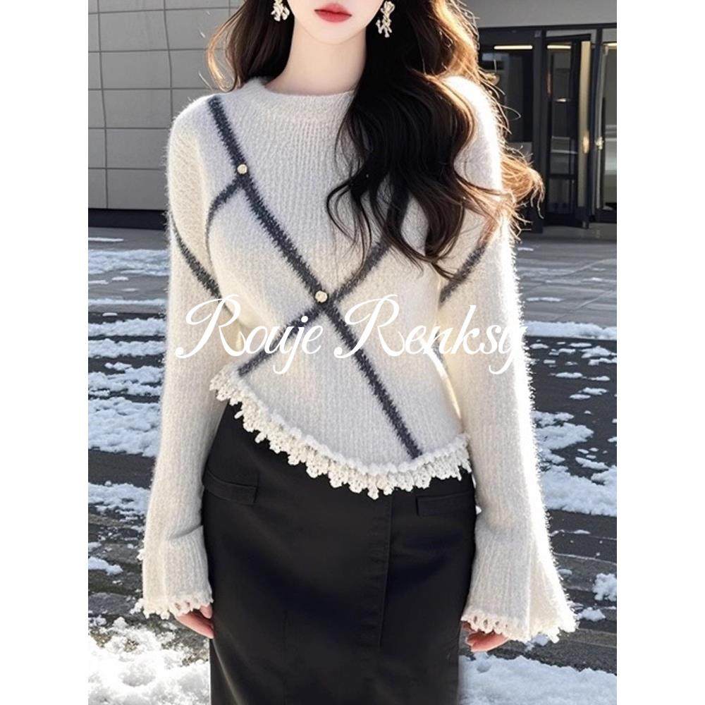 法国rouje renksy法式软糯花边流苏喇叭袖针织衫女秋冬季气质毛衣,淘宝优惠券,粉丝福利购,淘宝优惠卷