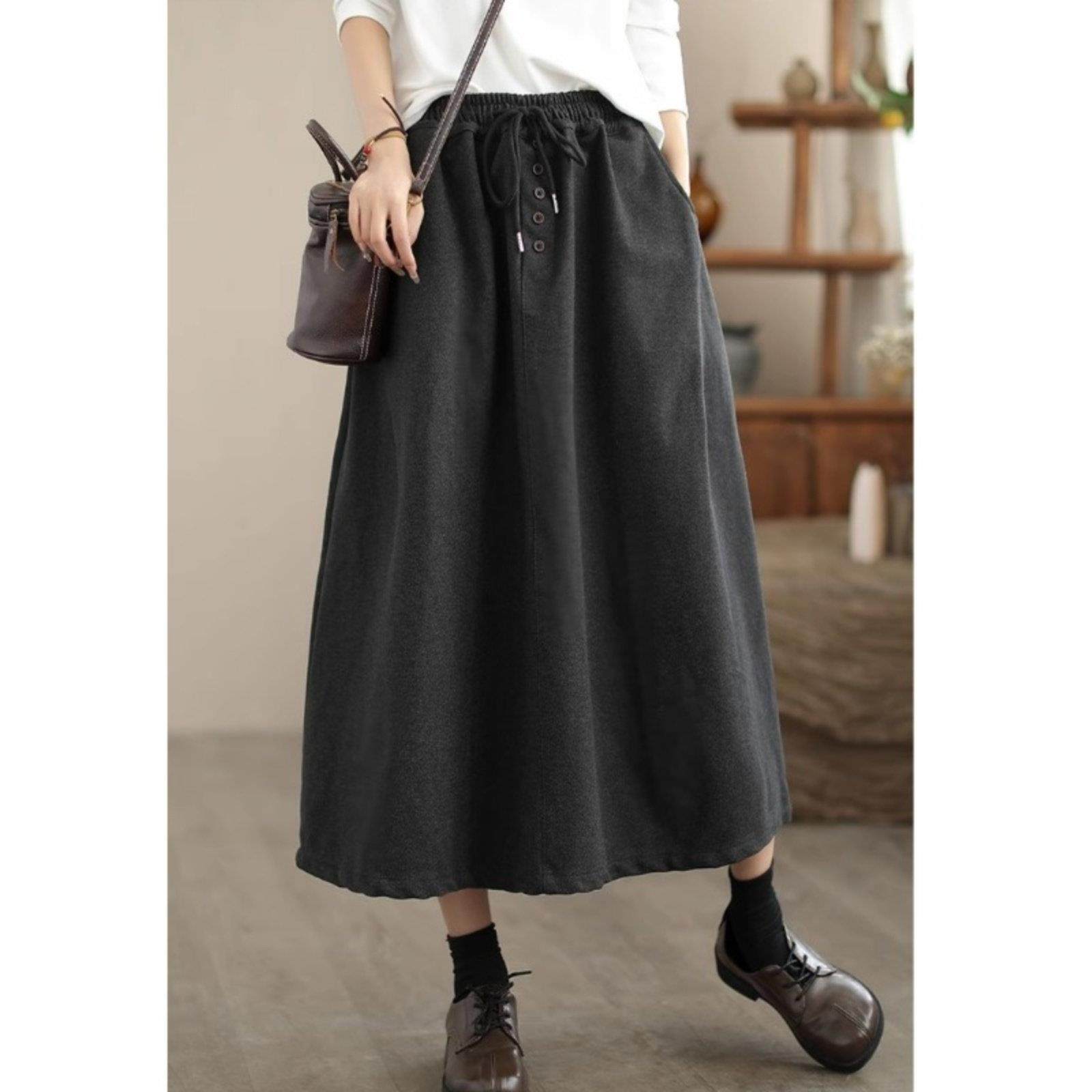 日系a字中长款半身裙女2025秋冬季新款高腰抽绳宽松显瘦伞裙,淘宝优惠券,粉丝福利购,淘宝优惠卷