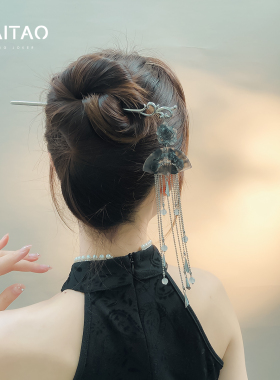 古风水墨开扇流苏发簪女小众高级感盘发簪子新中式国风气质发钗子