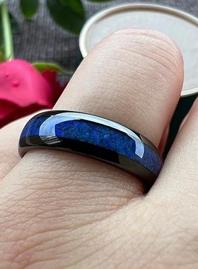跨境爆款不锈钢戒指蓝色贴片纹理花纹黑底简约欧美热销戒指批发