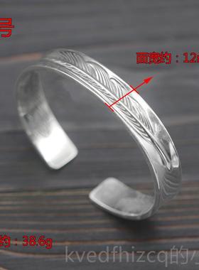 新款925纯银口羽毛潮牌手工复古开高桥手镯唐草S生手环个性简约男