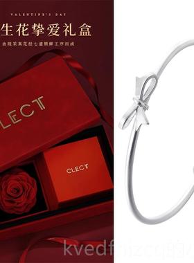 新款clect珂银里蝴蝶结银手镯女纯年轻子款银镯999足银心生实日礼