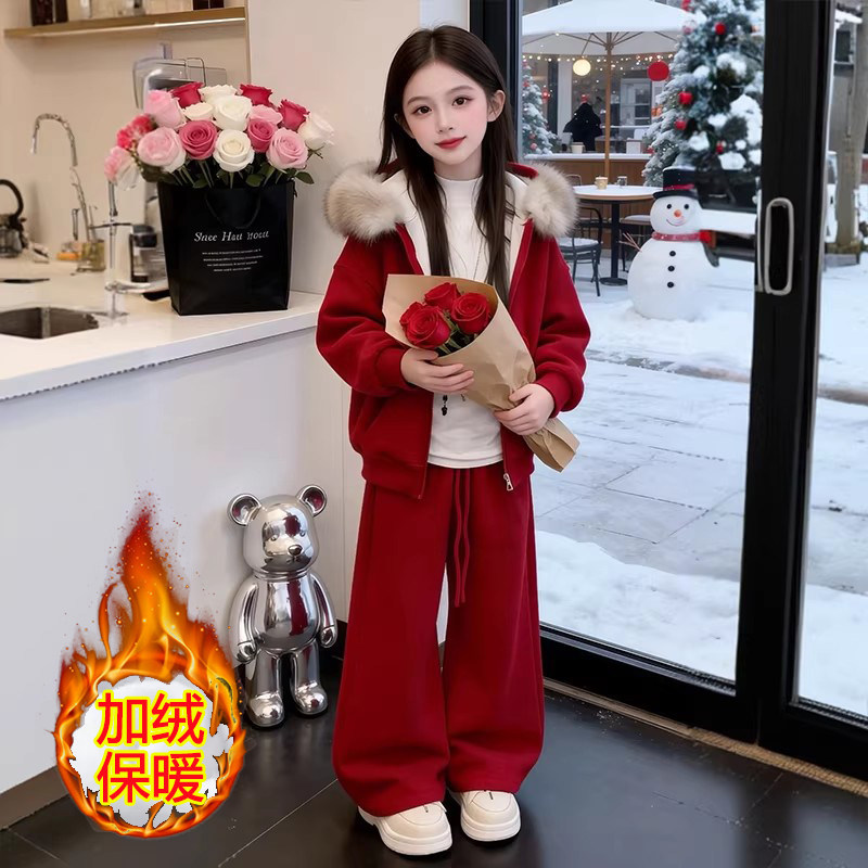 冬季加绒女童时尚外套儿童网红拼色连帽运动服时髦百搭休闲两件套,淘宝优惠券,粉丝福利购,淘宝优惠卷