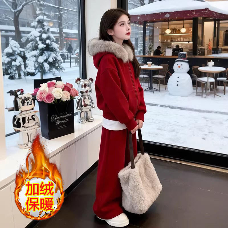 冬季加绒女童时尚外套儿童网红拼色连帽运动服时髦百搭休闲两件套,淘宝优惠券,粉丝福利购,淘宝优惠卷