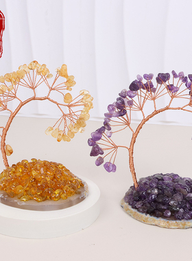 天然迷你水晶幸运树铜线缠绕