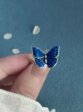 景泰蓝珐琅蝴蝶戒指女泰银小众设计感时尚创意开口可调节食指