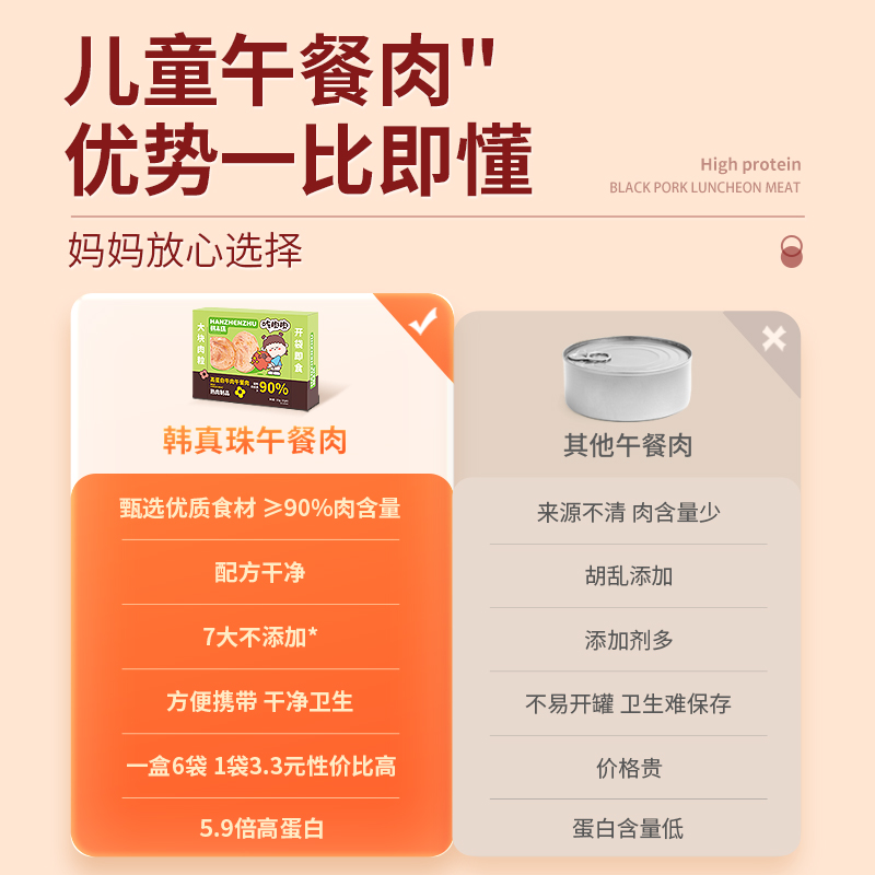 韩真珠高蛋白黑猪牛肉午餐肉即食儿童营养无添加色素速食独立片装