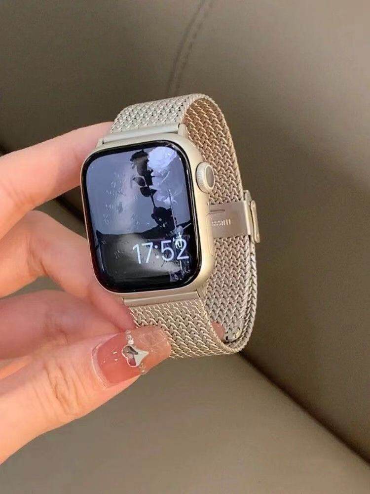 适用ApplewatchS8表带苹果45mm小香风ins金属麦穗表链条iWatch手表7/6/5/4/3/2/1代SE米兰磁吸金属女款表链,淘宝优惠券,粉丝福利购,淘宝优惠卷