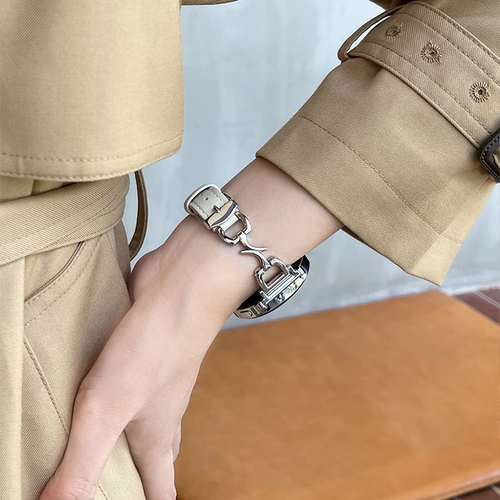 适用红米watch6表带Q字扣真皮牛仔链条腕带小米89Pro表链Redmi手表654秋冬华为Fit543表带苹果iWatch系列41mm - 图0