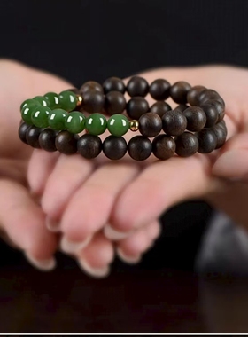 香木玉石双圈手串男女情侣款木质佛念珠复古文玩手链送礼物